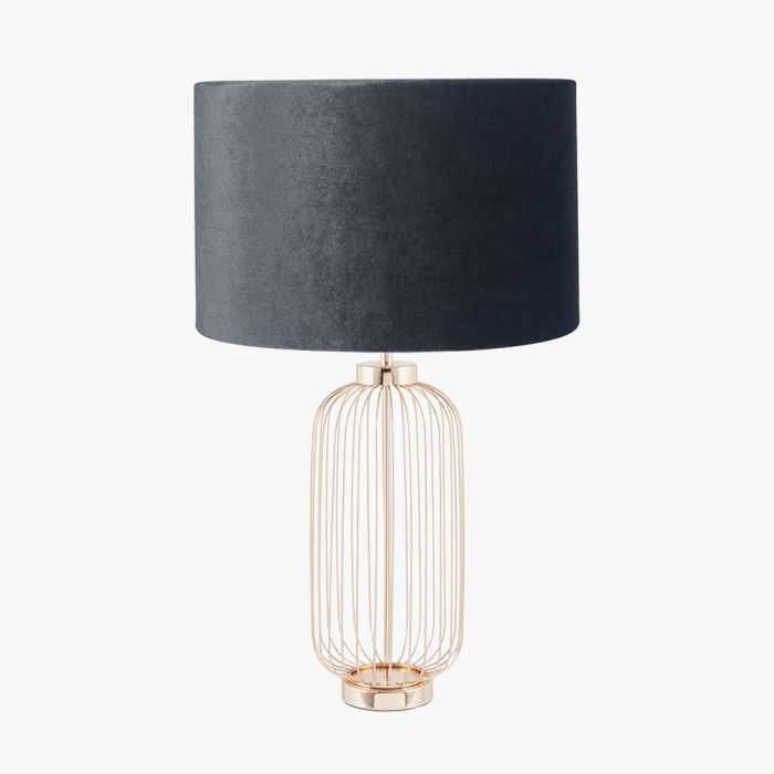 Dania French Gold Metal Wire Tall Table Lamp Base with Bow 40cm Slate Velvet Cylinder Lampshade