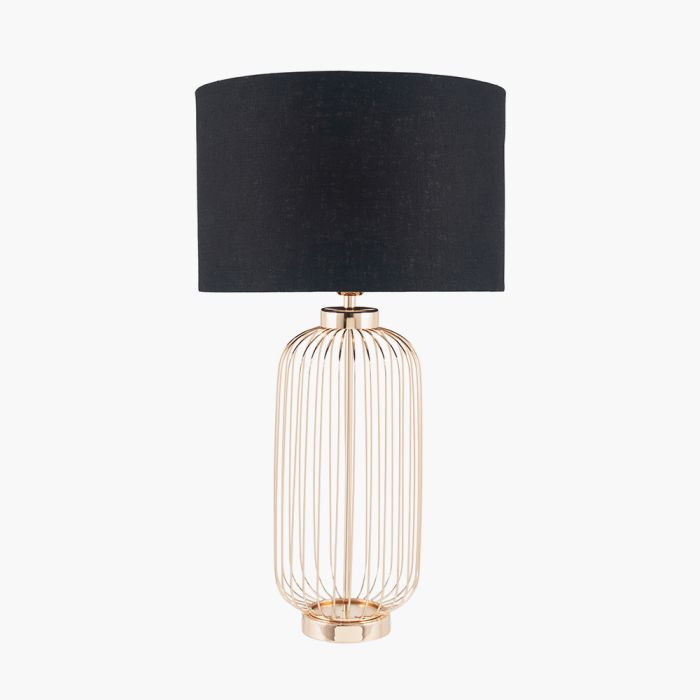 Dania French Gold Metal Wire Tall Table Lamp Base with Lino 40cm Black Self Lined Linen Cylinder Lampshade