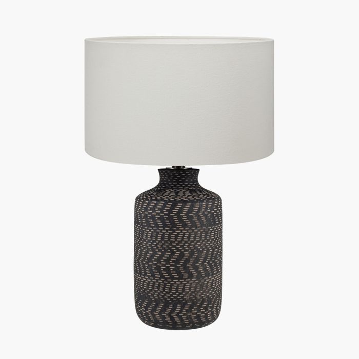 Atouk Textured Black Stoneware Table Lamp Base with Henry 35cm White Handloom Cylinder Lampshade