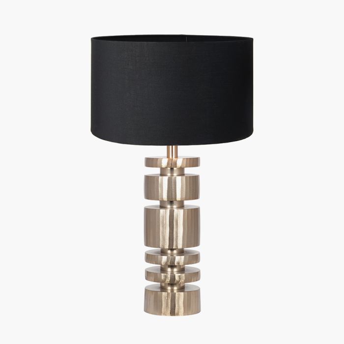 Elon Champagne Gold Metal Stacked Cylinder Table Lamp Base with Harry 35cm Black Cotton Mix Cylinder Lampshade