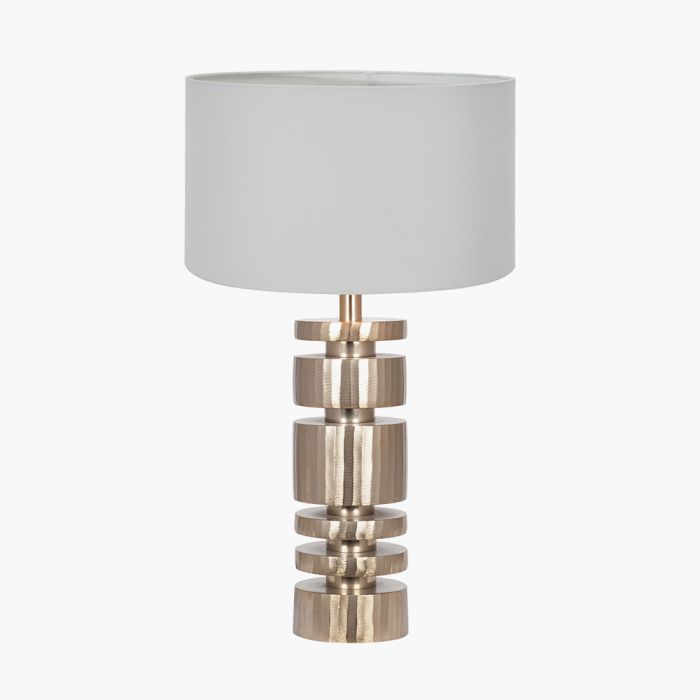 Elon Champagne Gold Metal Stacked Cylinder Table Lamp Base with Harry 35cm Ivory Cotton Mix Cylinder Lampshade