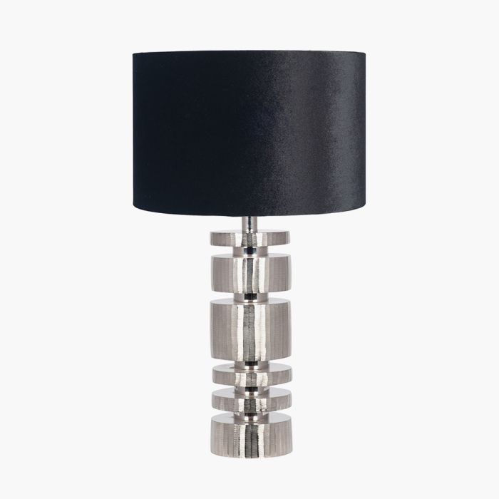 Elon Silver Metal Stacked Cylinder Table Lamp Base with Bow 35cm Black Velvet Cylinder Lampshade