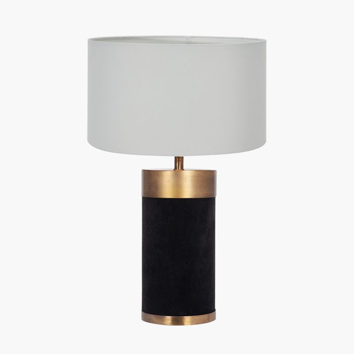 Dempsey Black Velvet and Antique Gold Metal Table Lamp Base with Harry 30cm Ivory Cotton Mix Cylinder Lampshade