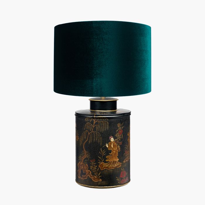 Landscape Black Hand Painted Metal Table Lamp Base with Bow 35cm Forest Green Velvet Cylinder Lampshade