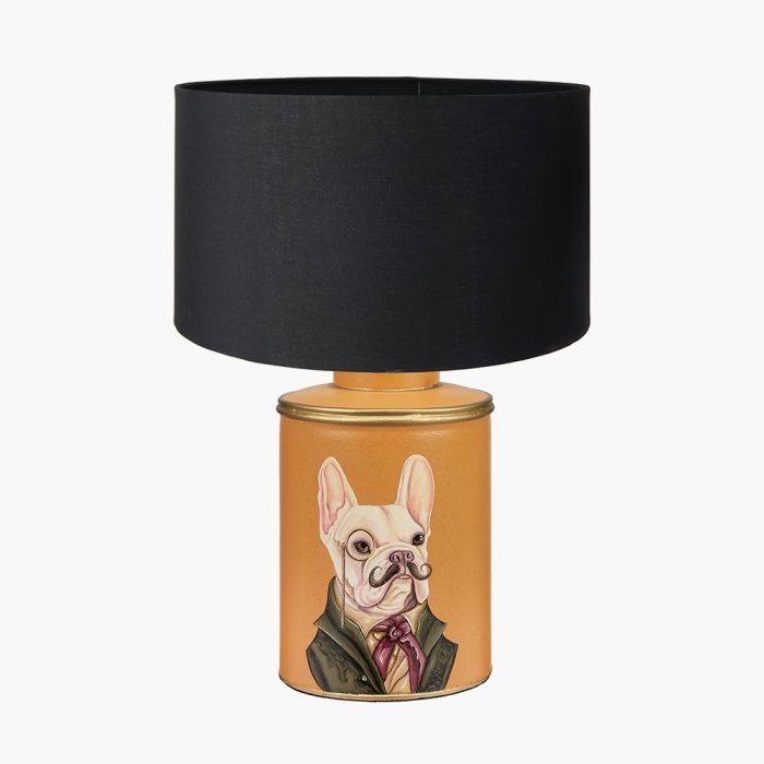 Boston Terrier Mustard Hand Painted Metal Table Lamp Base with Harry 35cm Black Cotton Mix Cylinder Lampshade