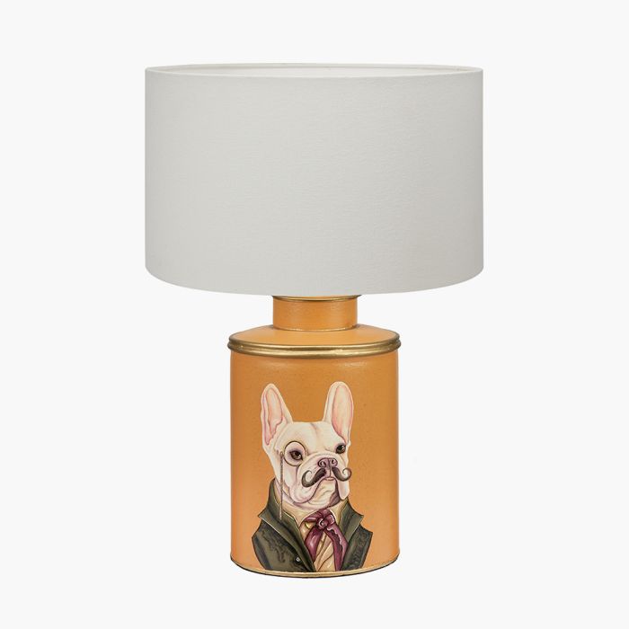 Boston Terrier Mustard Hand Painted Metal Table Lamp Base with Henry 35cm White Handloom Cylinder Lampshade