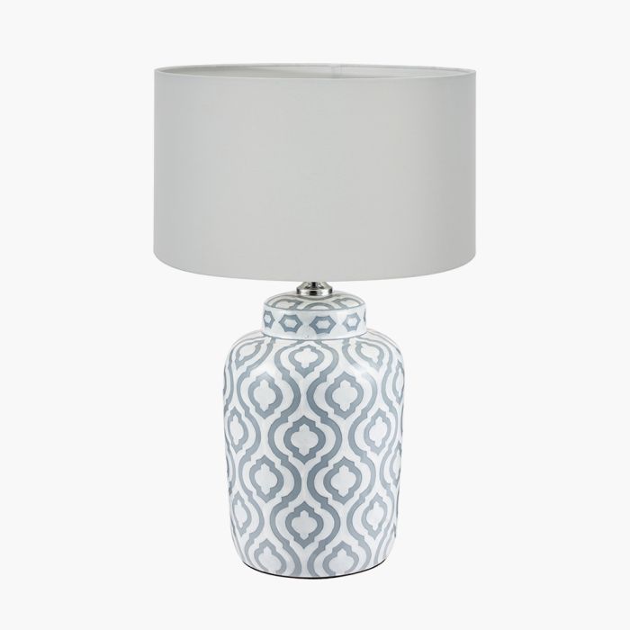 Celia Grey and White Pattern Ceramic Table Lamp Base with Harry 30cm Ivory Cotton Mix Cylinder Lampshade