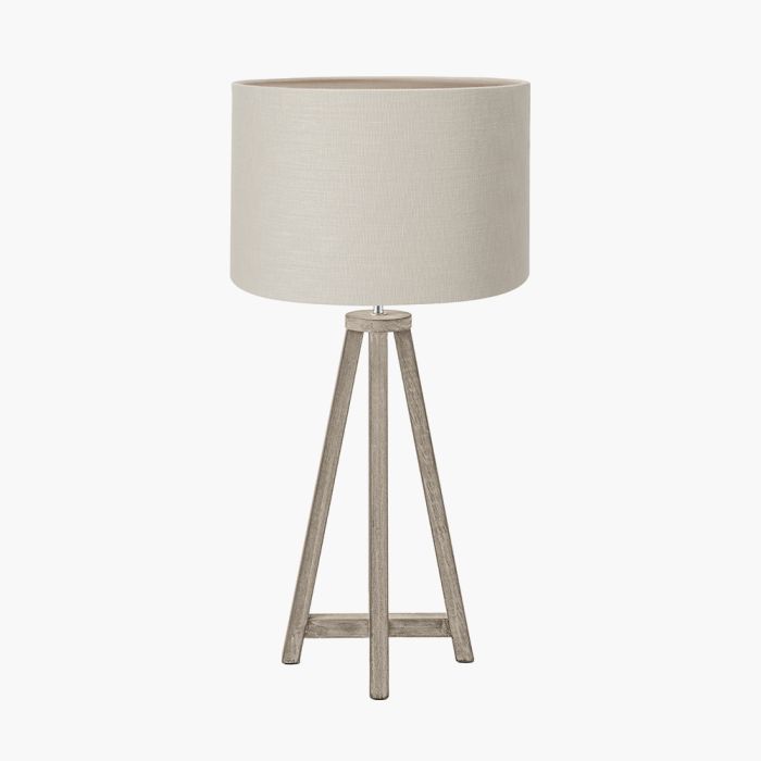 Whitby Grey Wash Wood Tapered 4 Post Table Lamp Base with Lino 35cm Grey Self Lined Linen Cylinder Lampshade