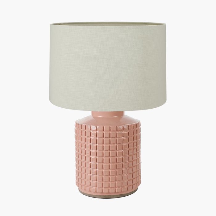 Malone Textured Apricot Squares Design Stoneware Table Lamp Base with Lino 35cm Cream Self Lined Linen Cylinder Lampshade