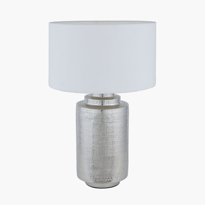 Zuri Large Shiny Silver Metal Pot Table Lamp Base with Henry 45cm White Handloom Cylinder Lampshade