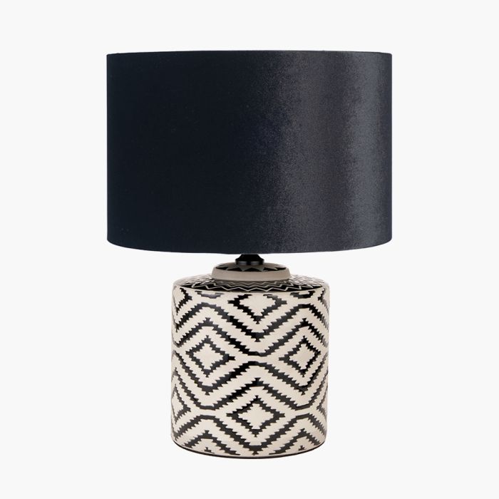 Chirala Black and White Ikat Ceramic Table Lamp Base with Bow 35cm Black Velvet Cylinder Lampshade
