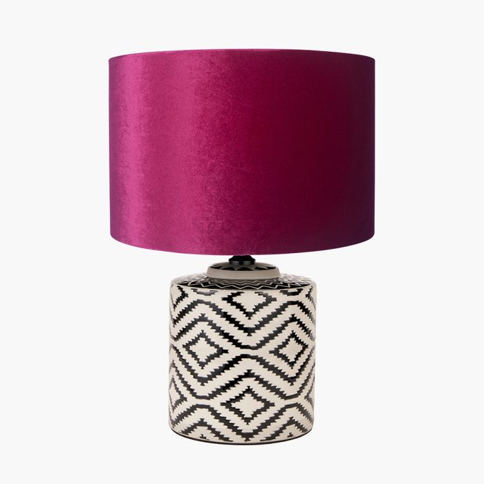Chirala Black and White Ikat Ceramic Table Lamp Base with Bow 35cm Raspberry Velvet Cylinder Lampshade