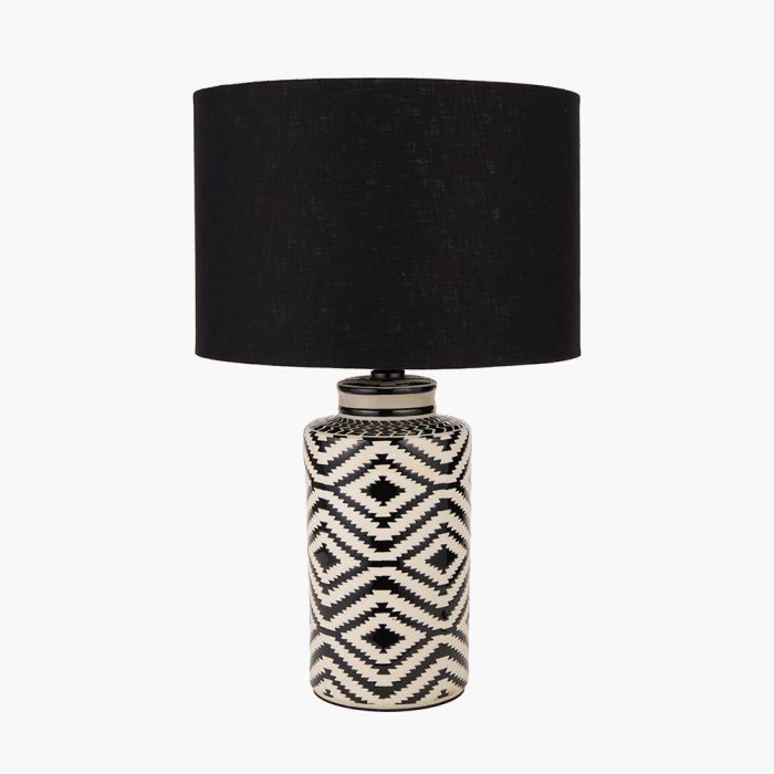 Chirala Black and White Tall Ikat Ceramic Table Lamp Base with Lino 40cm Black Self Lined Linen Cylinder Lampshade