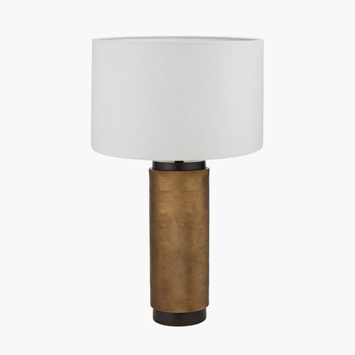 Aurelio Brass and Black Metal Textured Table Lamp Base with Lino 35cm White Self Lined Linen Cylinder Lampshade