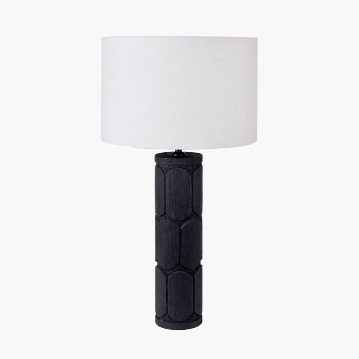 Aurelia Embossed Black Wood Tall Table Lamp Base with Lino 35cm White Self Lined Linen Cylinder Lampshade