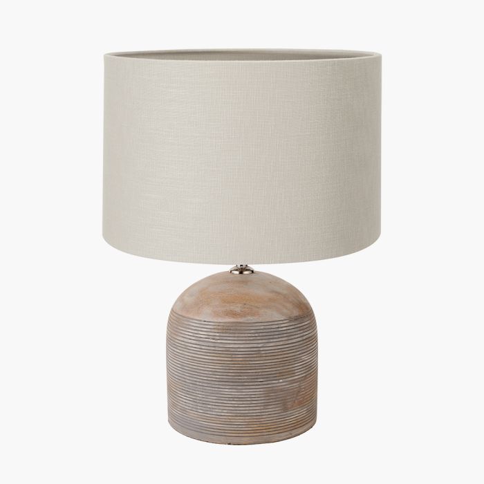 Nelu Grey Engraved Wood Dome Table Lamp Base with Lino 35cm Grey Self Lined Linen Cylinder Lampshade