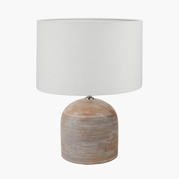 Nelu Grey Engraved Wood Dome Table Lamp Base with Lino 35cm White Self Lined Linen Cylinder Lampshade