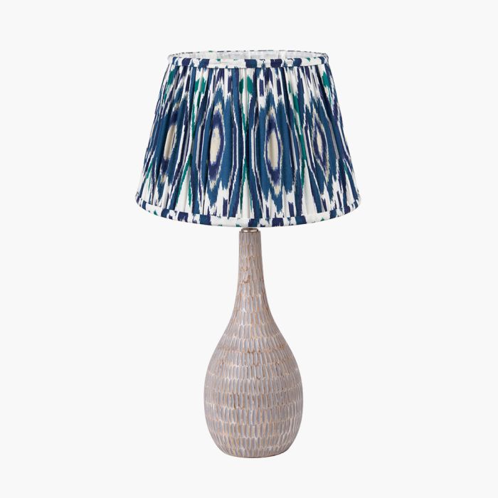 Ioan Grey Engraved Wood Bottle Table Lamp Base with Izara 40cm Ocean Blue Ikat Patterned Mushroom Pleat Tapered Lampshade