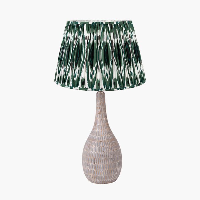 Ioan Grey Engraved Wood Bottle Table Lamp Base with Izara 40cm Racing Green Ikat Patterned Mushroom Pleat Tapered Lampshade