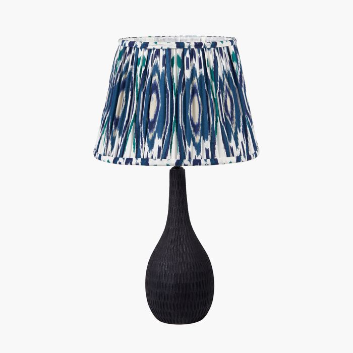 Ioan Black Engraved Wood Bottle Table Lamp Base with Izara 40cm Ocean Blue Ikat Patterned Mushroom Pleat Tapered Lampshade