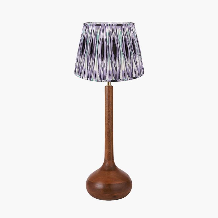 Toma Oiled Wood Tall Neck Table Lamp Base with Izara 35cm Lilac Ikat Patterned Mushroom Pleat Tapered Lampshade