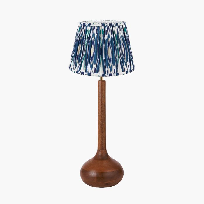 Toma Oiled Wood Tall Neck Table Lamp Base with Izara 35cm Ocean Blue Ikat Patterned Mushroom Pleat Tapered Lampshade
