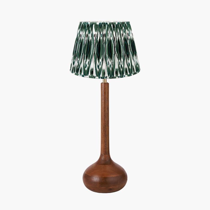 Toma Oiled Wood Tall Neck Table Lamp Base with Izara 35cm Racing Green Ikat Patterned Mushroom Pleat Tapered Lampshade