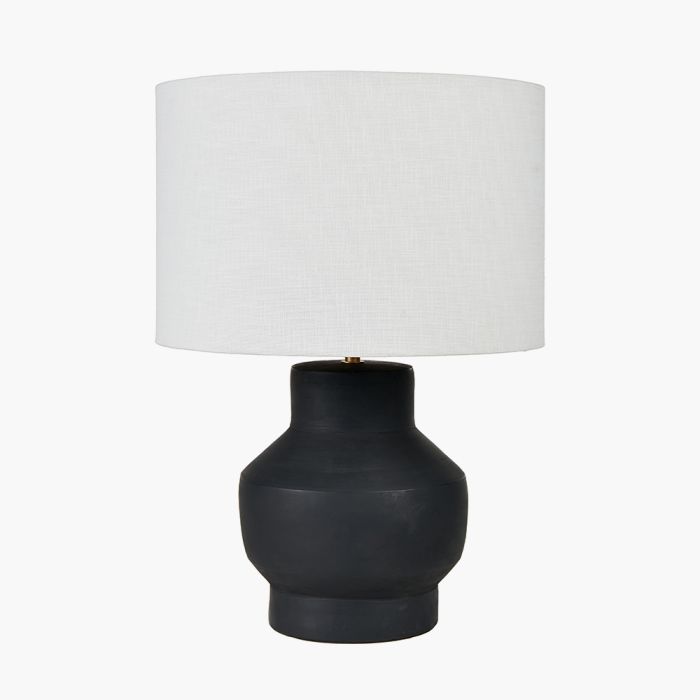 Inna Black Urn Terracotta Table Lamp Base with Lino 35cm White Self Lined Linen Cylinder Lampshade