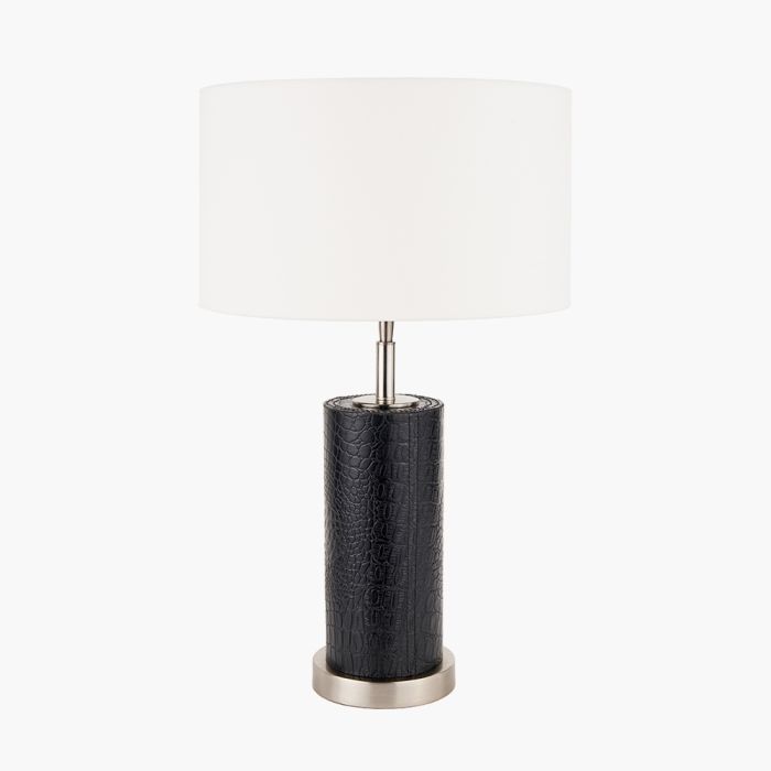Laurence Black Croc Leather and Silver Cylindrical Table Lamp Base with Henry 35cm White Handloom Cylinder Lampshade