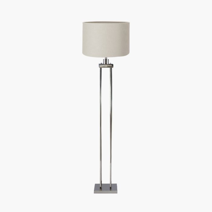 Langston Nickel Metal Column Floor Lamp Base with Lino 45cm Grey Self Lined Linen Cylinder Lampshade