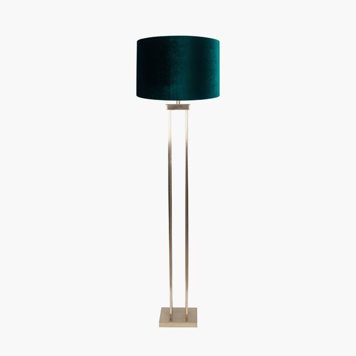Langston Satin Brass Metal Column Floor Lamp Base with Bow 45cm Forest Green Velvet Cylinder Lampshade