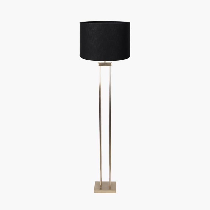 Langston Satin Brass Metal Column Floor Lamp Base with Lino 45cm Black Self Lined Linen Cylinder Lampshade
