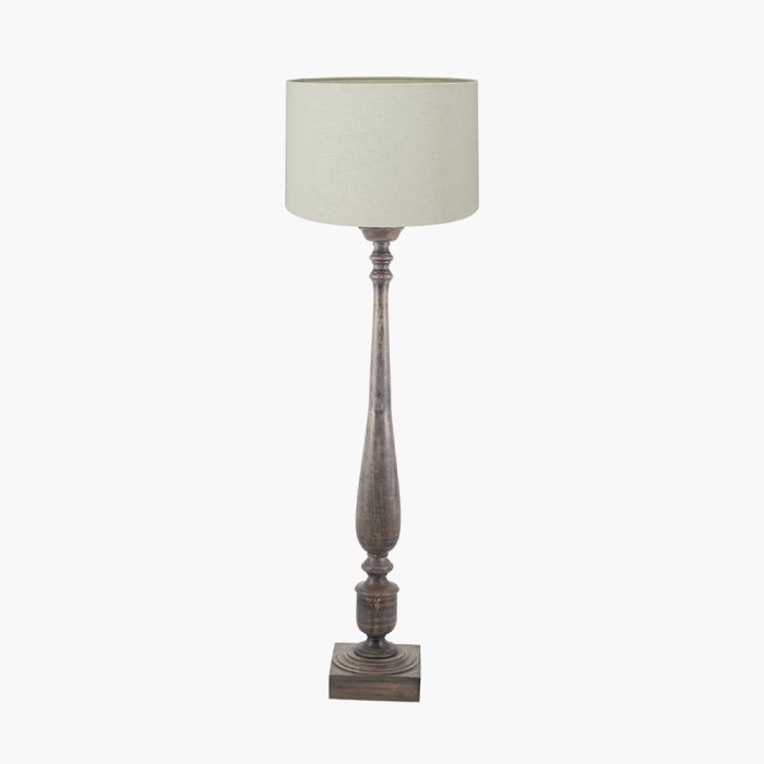 Alia Grey Wash Turned Mango Wood Floor Lamp Base with Lino 45cm Cream Self Lined Linen Cylinder Lampshade