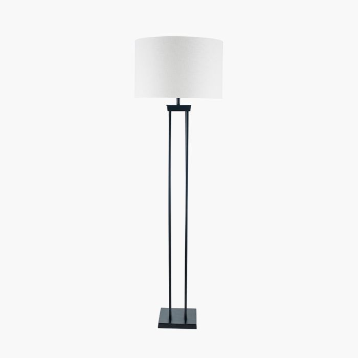 Langston Matt Black Metal Column Floor Lamp Base with Lino 45cm White Self Lined Linen Cylinder Lampshade