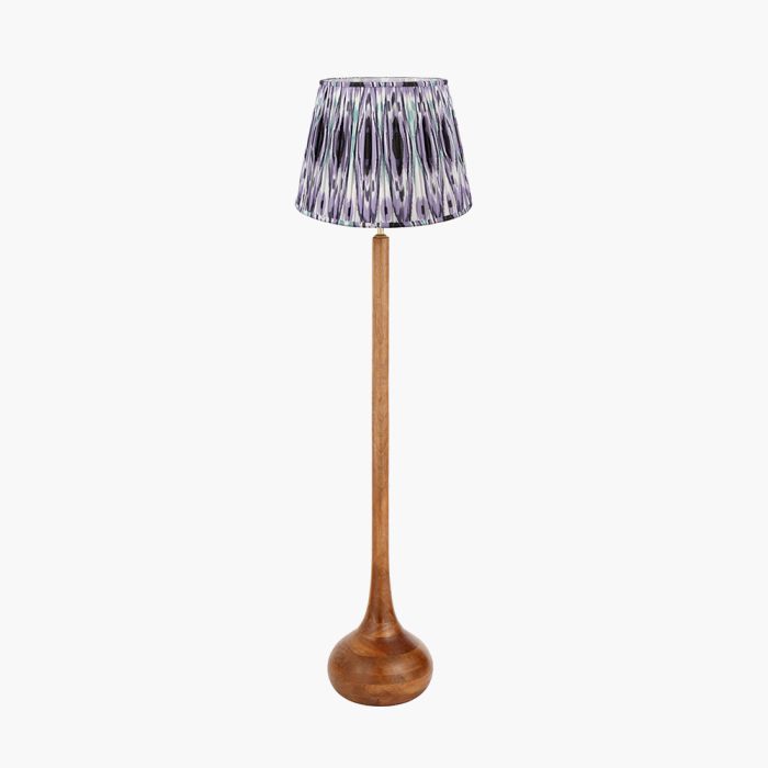 Toma Oiled Wood Tall Neck Floor Lamp Base with Izara 45cm Lilac Ikat Patterned Mushroom Pleat Tapered Lampshade