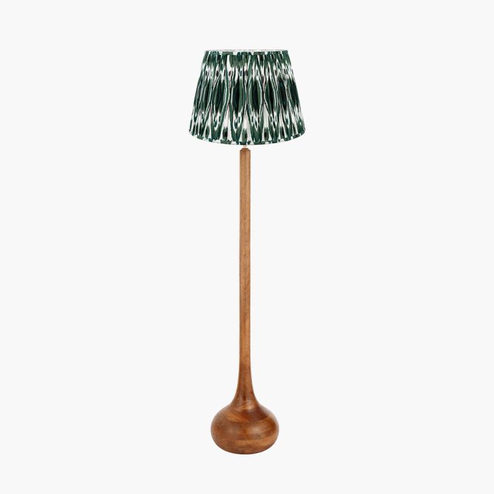 Toma Oiled Wood Tall Neck Floor Lamp Base with Izara 45cm Racing Green Ikat Patterned Mushroom Pleat Tapered Lampshade
