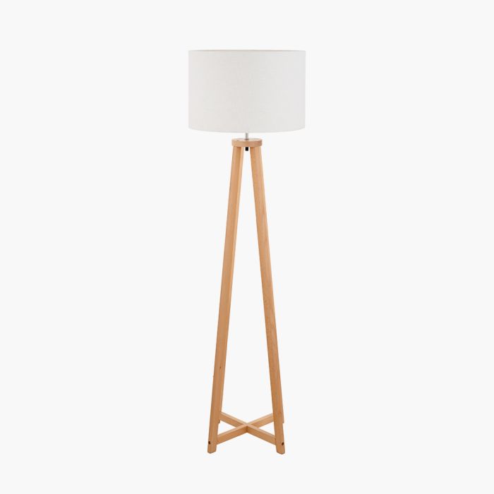 Whitby Natural Wood Tapered 4 Post Floor Lamp Base with Lino 45cm White Self Lined Linen Cylinder Lampshade