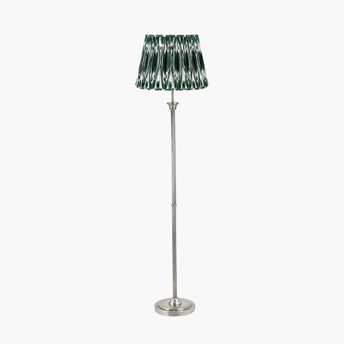 Salvatore Antique Silver Metal Floor Lamp Base with Izara 45cm Racing Green Ikat Patterned Mushroom Pleat Tapered Lampshade