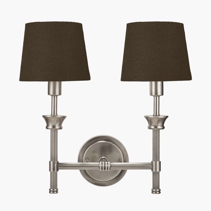 Salvatore Antique Silver Metal Double Wall Light with Pelham 15cm Grey Handloom Tapered Candle Clip Lampshade