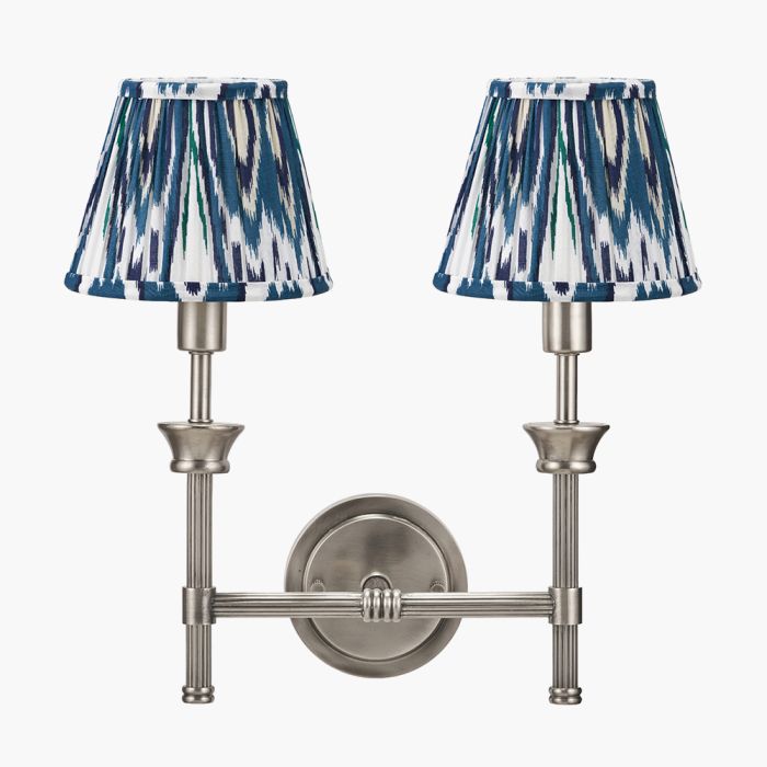 Salvatore Antique Silver Metal Double Wall Light with Izara 16cm Ocean Blue Ikat Patterned Mushroom Pleat Tapered Lampshade