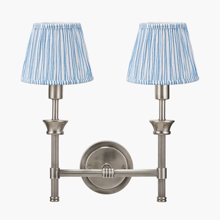 Salvatore Antique Silver Metal Double Wall Light with Thiago 16cm Ocean Blue Stripe Mushroom Pleat Tapered Lampshade