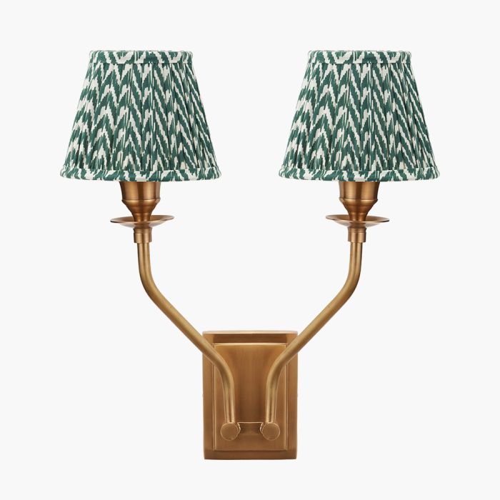 Tatiana Antique Brass Metal Double Wall Light with Vienna 16cm Forest Green Chevron Mushroom Pleat Lampshade