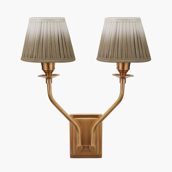 Tatiana Antique Brass Metal Double Wall Light with Scallop 16cm Taupe Ombre Soft Pleated Tapered Lampshade