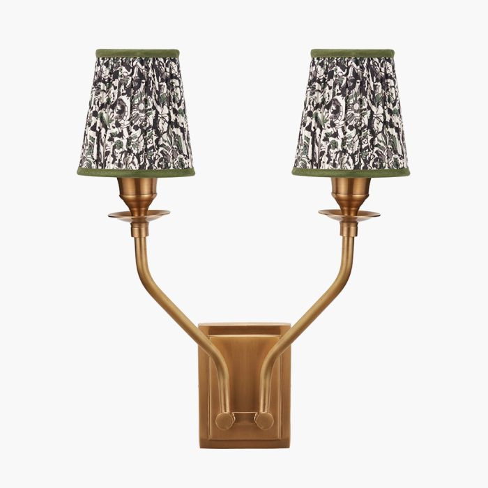 Tatiana Antique Brass Metal Double Wall Light with Ornella 14cm Green Floral Design Mushroom Pleat Tall Tapered Candle Clip Lampshade