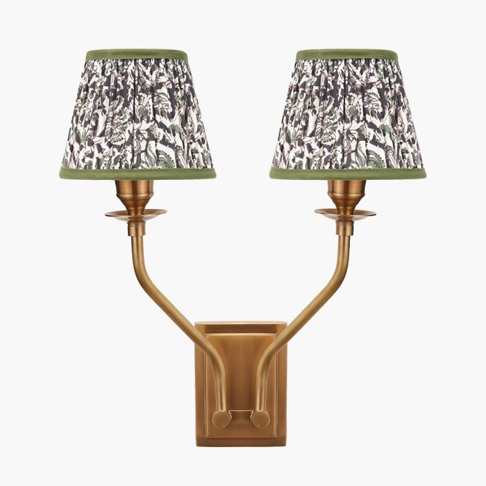 Tatiana Antique Brass Metal Double Wall Light with Ornella 16cm Green Floral Design Mushroom Pleat Tapered Lamp Shade