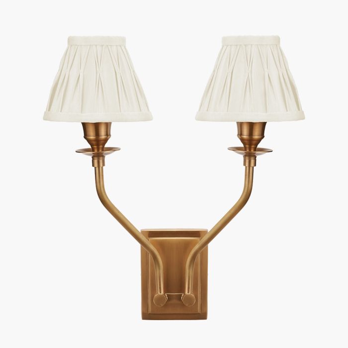 Tatiana Antique Brass Metal Double Wall Light with Garbo 15cm Cream Silk Mix Pinch Pleat Tapered Candle Clip Lampshades