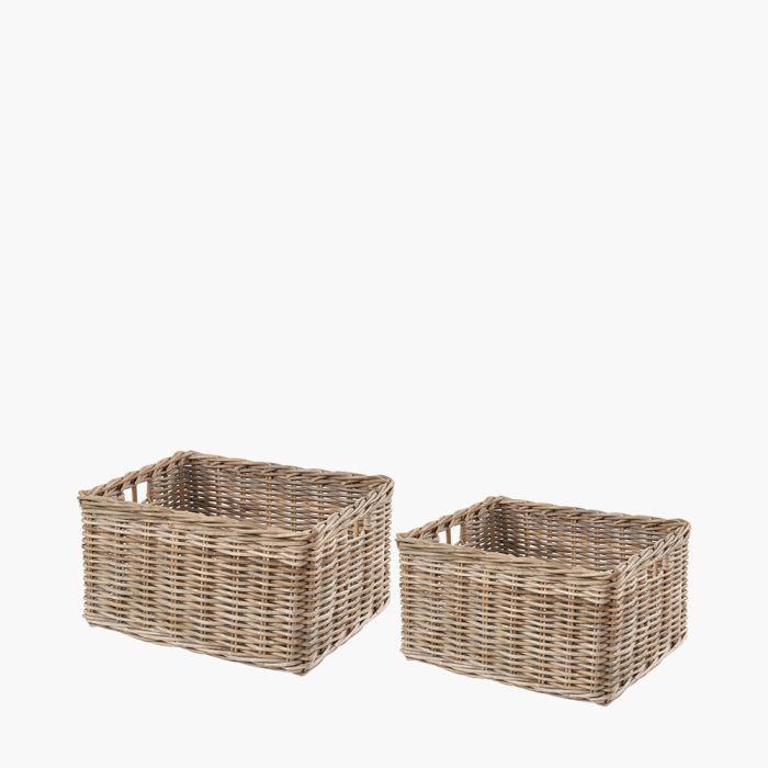 Set of 2 Grey Kubu Rattan Rectangular Storage Baskets with Inset Handles