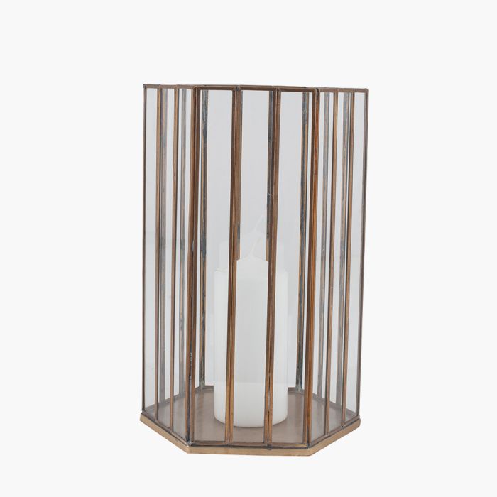 Shiny Brass Metal and Glass Hexagonal Lantern Large   