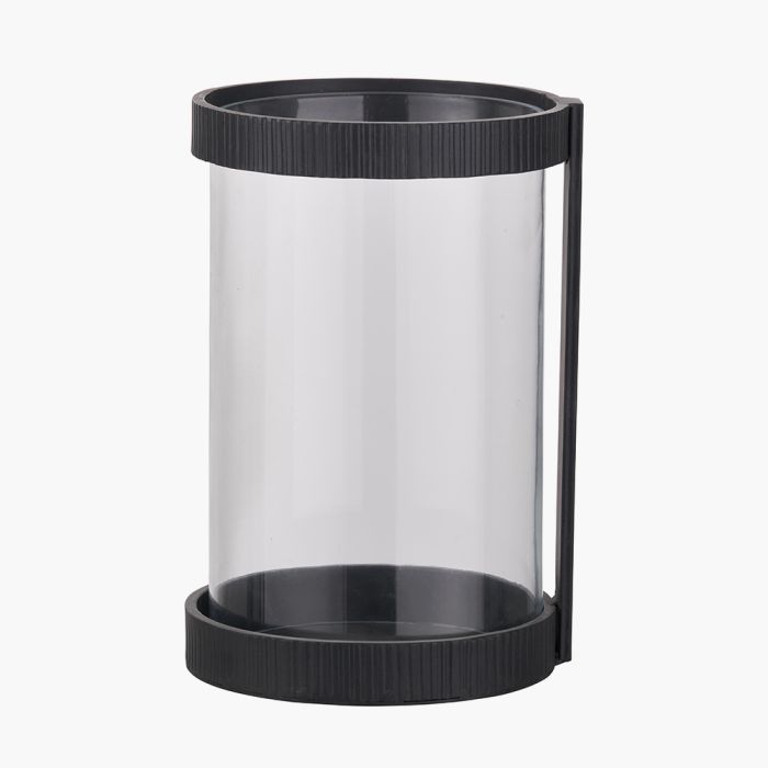 Black Ribbed Metal and Clear Glass Hurricane