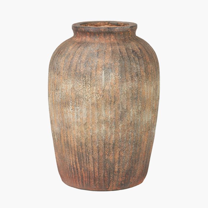 Rustic Brown Fibrestone Vertical Ribbed Decorative Vase Tall